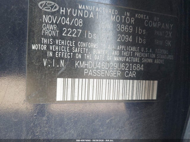 Aukcja sprzedaży 2009 Hyundai Elantra Gls/se, vin: KMHDU46D29U621684, numer aukcji: 45976565