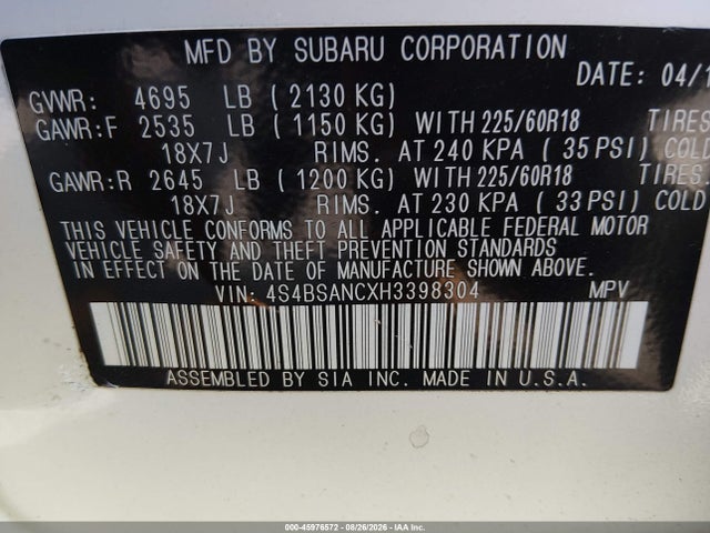 Aukcja sprzedaży 2017 Subaru Outback 2.5i Limited, vin: 4S4BSANCXH3398304, numer aukcji: 45976572