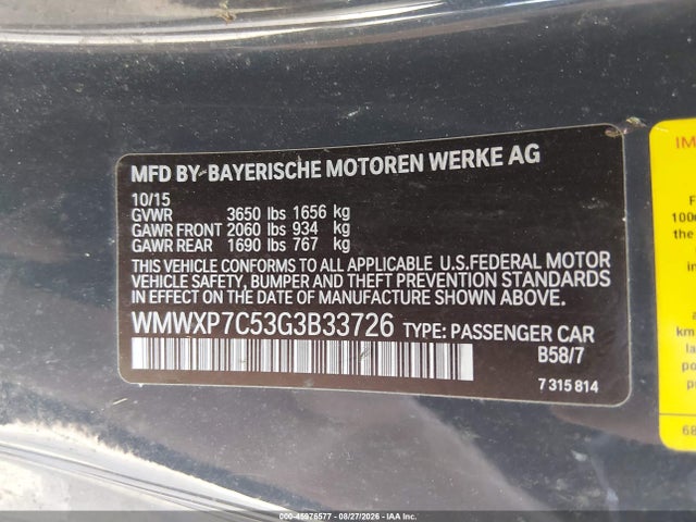 45976577 :رقم المزاد ، WMWXP7C53G3B33726 vin ، 2016 Mini Hardtop Cooper S مزاد بيع