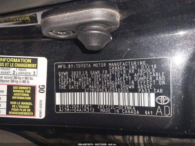 2018 Toyota Corolla Le მანქანა იყიდება აუქციონზე, vin: 2T1BURHE9JC040005, აუქციონის ნომერი: 45976578