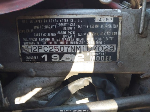 Aukcja sprzedaży 1992 Honda Cbr600 F2, vin: JH2PC2507NM107029, numer aukcji: 45976591