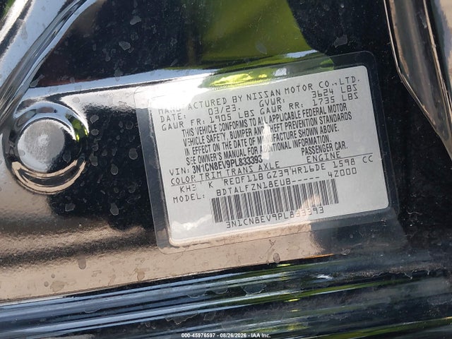 Auction sale of the 2023 Nissan Versa 1.6 Sv Xtronic Cvt, vin: 3N1CN8EV9PL833393, lot number: 45976597