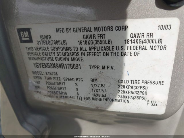 Продажа на аукционе авто 2004 Cadillac Escalade Standard, vin: 1GYEK63N94R178091, номер лота: 45976600