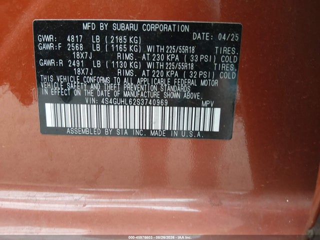 4S4GUHL62S3740969 Subaru Crosstrek Limited