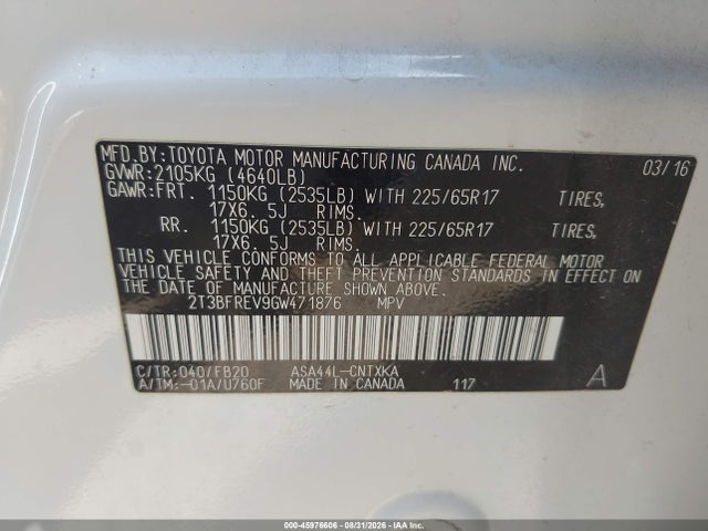 45976606 :رقم المزاد ، 2T3BFREV9GW471876 vin ، 2016 Toyota Rav4 Le مزاد بيع