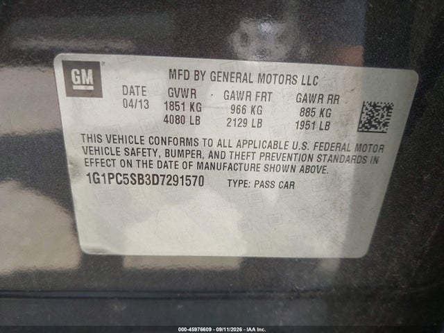 45976609 :رقم المزاد ، 1G1PC5SB3D7291570 vin ، 2013 Chevrolet Cruze 1lt Auto مزاد بيع
