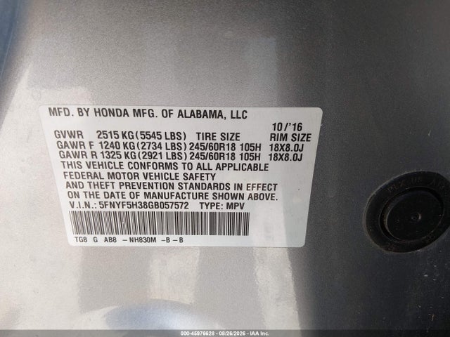Honda Pilot Ex 2016 5FNYF5H38GB057572 Image 9