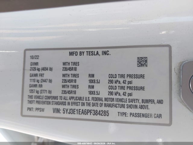 45976642 :رقم المزاد ، 5YJ3E1EA6PF384285 vin ، 2023 Tesla Model 3 Rear-wheel Drive مزاد بيع