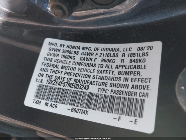 Honda INSIGHT EX 2021 19XZE4F57ME003249 Image 9