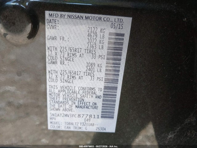 2015 Nissan Rogue Sv მანქანა იყიდება აუქციონზე, vin: 5N1AT2MV3FC877811, აუქციონის ნომერი: 45976653