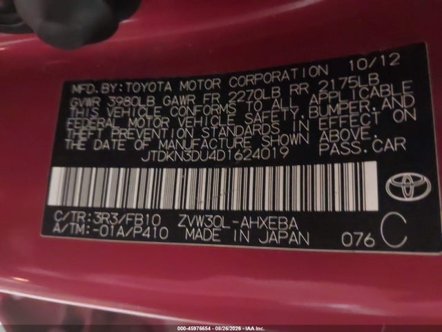 Aukcja sprzedaży 2013 Toyota Prius Three, vin: JTDKN3DU4D1624019, numer aukcji: 45976654