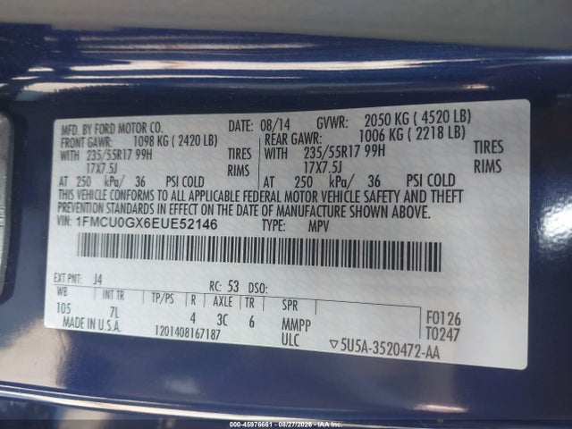 45976661 :رقم المزاد ، 1FMCU0GX6EUE52146 vin ، 2014 Ford Escape Se مزاد بيع