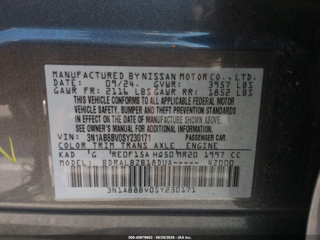 Продаж на аукціоні авто 2025 Nissan Sentra S, vin: 3N1AB8BV0SY230171, номер лоту: 45976662