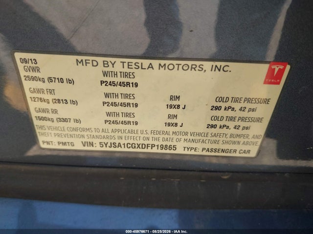 2013 Tesla Model S მანქანა იყიდება აუქციონზე, vin: 5YJSA1CGXDFP19865, აუქციონის ნომერი: 45976671