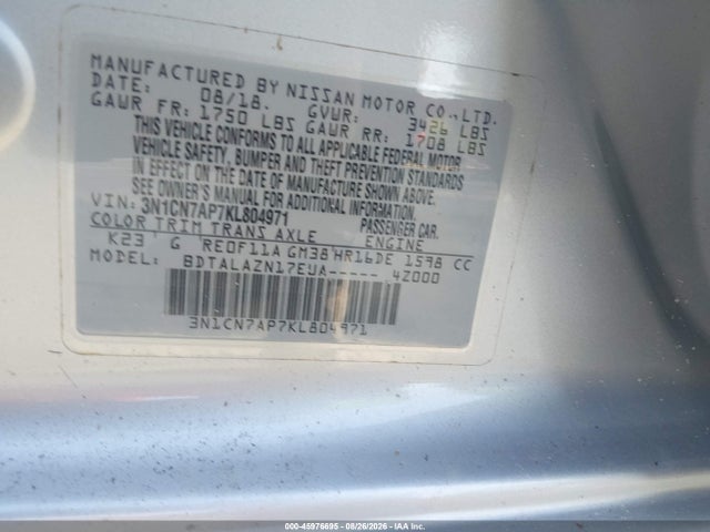 45976695 :رقم المزاد ، 3N1CN7AP7KL804971 vin ، 2019 Nissan Versa 1.6 S+ مزاد بيع