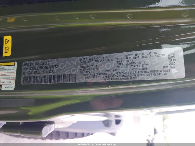 2021 Jeep Wrangler Unlimited Willys 4x4 მანქანა იყიდება აუქციონზე, vin: 1C4HJXDM8MW727282, აუქციონის ნომერი: 45976715