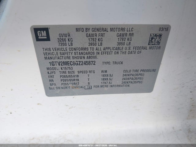 Aukcja sprzedaży 2016 Gmc Sierra 1500 Sle, vin: 1GTV2MEC8GZ245872, numer aukcji: 45976731