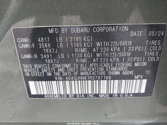 Aukcja sprzedaży 2024 Subaru Crosstrek Limited, vin: 4S4GUHN61R3797168, numer aukcji: 45976730