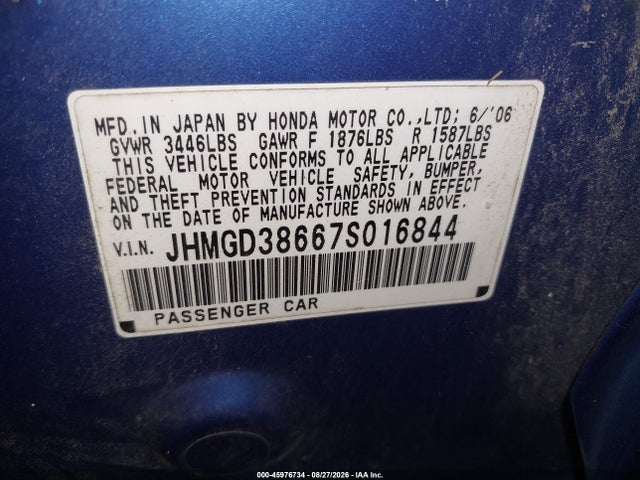 45976734 :رقم المزاد ، JHMGD38667S016844 vin ، 2007 Honda Fit Sport مزاد بيع