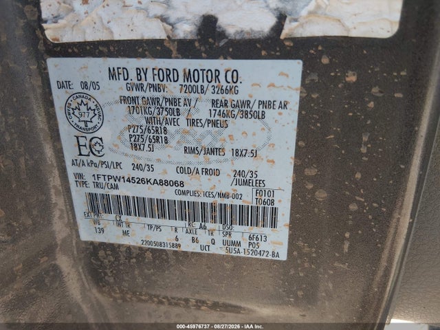 45976737 :رقم المزاد ، 1FTPW14526KA88068 vin ، 2006 Ford F-150 Fx4/lariat/xlt مزاد بيع