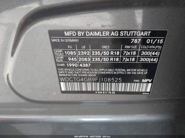45976745 :رقم المزاد ، WDCTG4GB9FJ108525 vin ، 2015 Mercedes-benz Gla 250 4matic مزاد بيع