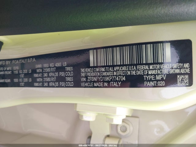 Aukcja sprzedaży 2019 Fiat 500x Trekking Plus Awd, vin: ZFBNFYD19KP774704, numer aukcji: 45976751