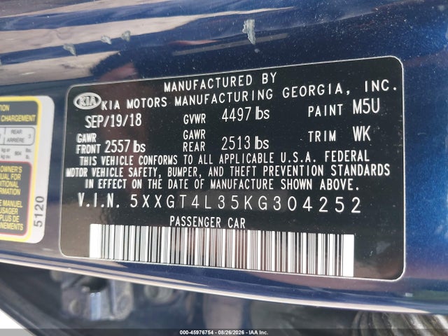 Aukcja sprzedaży 2019 Kia Optima Lx, vin: 5XXGT4L35KG304252, numer aukcji: 45976754