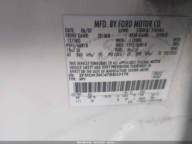 2007 Ford Edge Sel Plus მანქანა იყიდება აუქციონზე, vin: 2FMDK39C47BB33178, აუქციონის ნომერი: 45976766