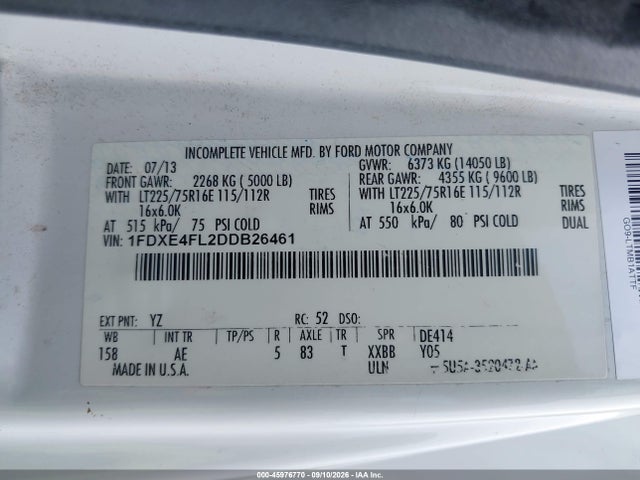 2013 Ford E-450 Cutaway მანქანა იყიდება აუქციონზე, vin: 1FDXE4FL2DDB26461, აუქციონის ნომერი: 45976770