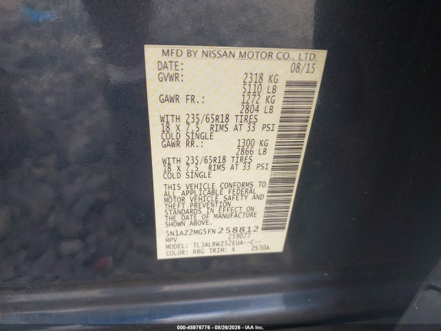 Продажа на аукционе авто 2015 Nissan Murano Sl, vin: 5N1AZ2MG5FN258812, номер лота: 45976776