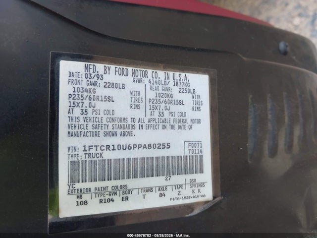 45976782 :رقم المزاد ، 1FTCR10U6PPA80255 vin ، 1993 Ford Ranger مزاد بيع