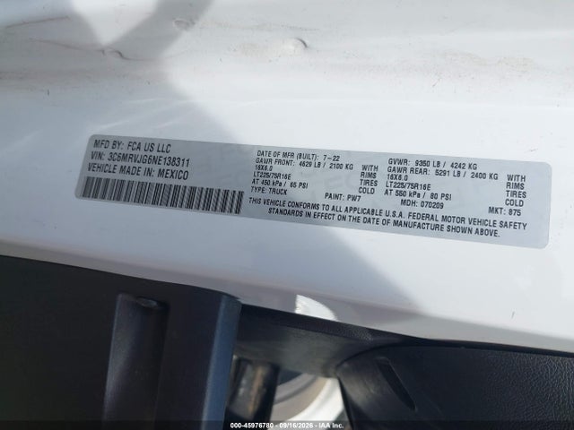 Продаж на аукціоні авто 2022 Ram Promaster 3500 Cargo Van High Roof 159 Wb Ext, vin: 3C6MRVJG6NE138311, номер лоту: 45976780
