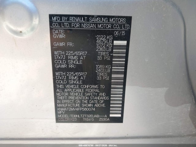 2015 Nissan Rogue Sv მანქანა იყიდება აუქციონზე, vin: KNMAT2MV4FP580074, აუქციონის ნომერი: 45976790