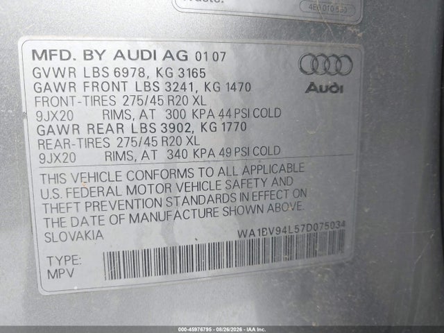 Aukcja sprzedaży 2007 Audi Q7 4.2 Premium, vin: WA1BV94L57D075034, numer aukcji: 45976795