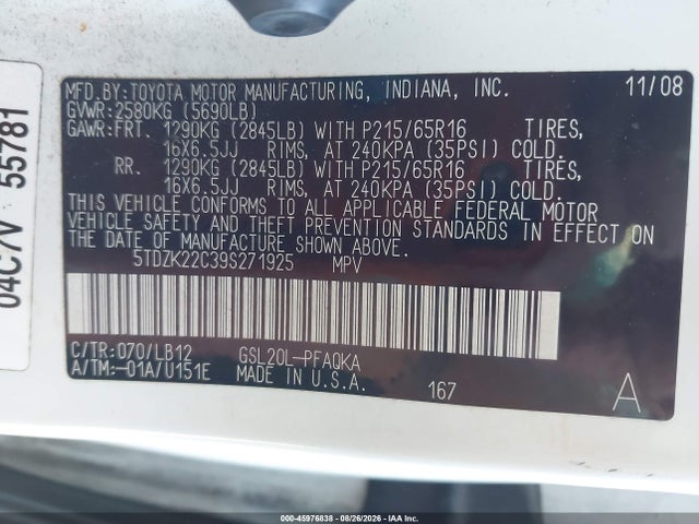 Продажа на аукционе авто 2009 Toyota Sienna Xle, vin: 5TDZK22C39S271925, номер лота: 45976838