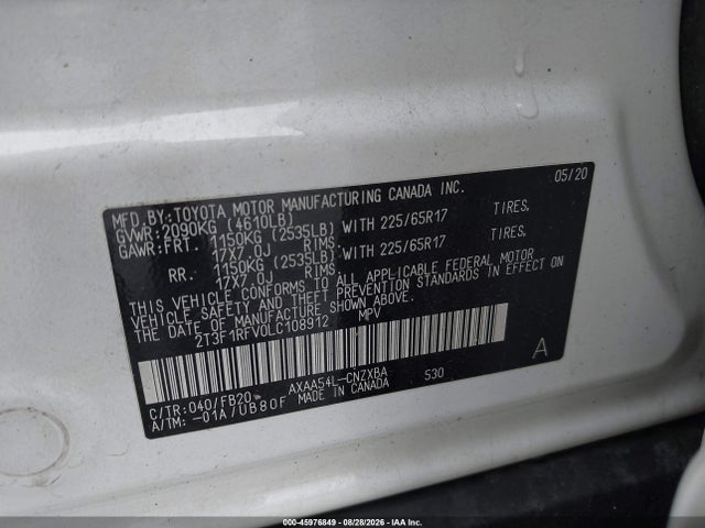2020 Toyota Rav4 Le მანქანა იყიდება აუქციონზე, vin: 2T3F1RFV0LC108912, აუქციონის ნომერი: 45976849