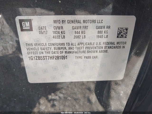 2017 Chevrolet Malibu Ls მანქანა იყიდება აუქციონზე, vin: 1G1ZB5ST7HF281091, აუქციონის ნომერი: 45976865