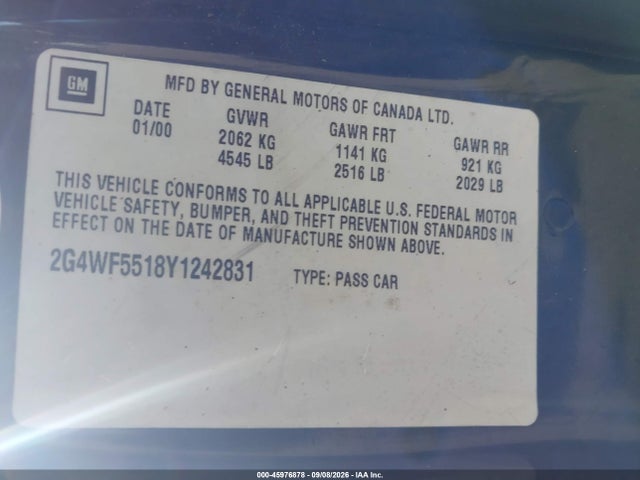 45976878 :رقم المزاد ، 2G4WF5518Y1242831 vin ، 2000 Buick Regal Gs مزاد بيع