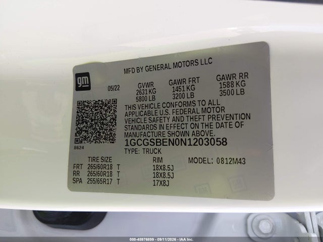 45976899 :رقم المزاد ، 1GCGSBEN0N1203058 vin ، 2022 Chevrolet Colorado 2wd  Short Box Wt مزاد بيع