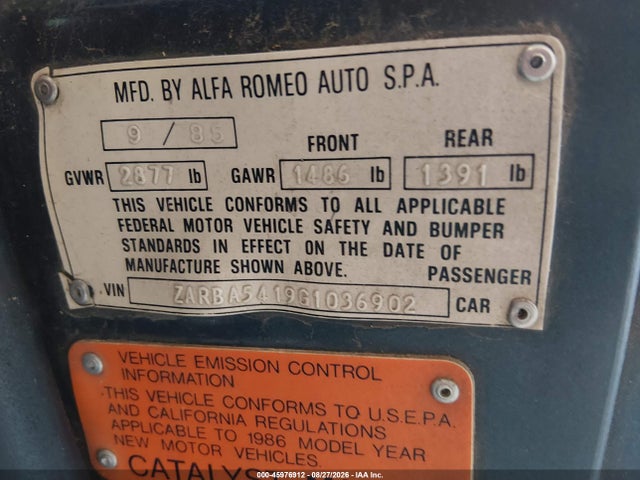 1986 Alfa Romeo Veloce 2000 Spider მანქანა იყიდება აუქციონზე, vin: ZARBA5419G1036902, აუქციონის ნომერი: 45976912