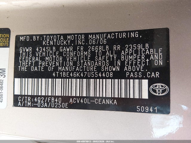 45976913 :رقم المزاد ، 4T1BE46K47U554408 vin ، 2007 Toyota Camry Le مزاد بيع