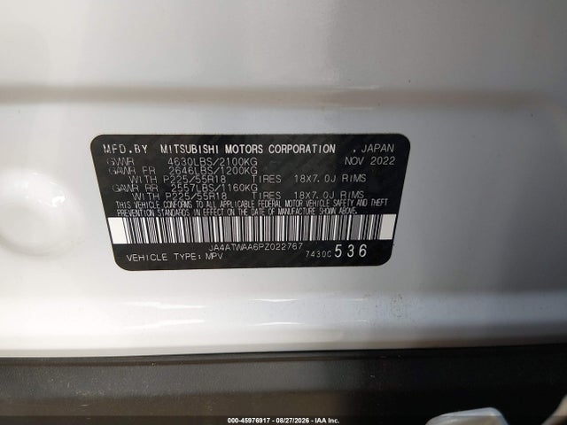 45976917 :رقم المزاد ، JA4ATWAA6PZ022767 vin ، 2023 Mitsubishi Eclipse Cross Se S-awc/sel S-awc مزاد بيع