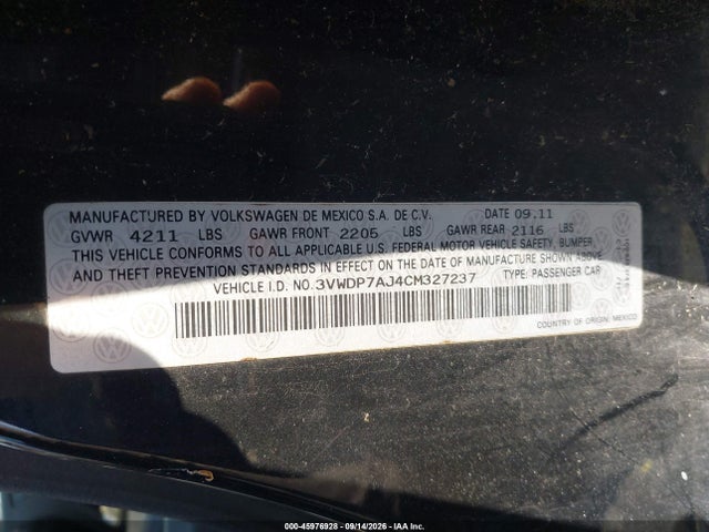 Продаж на аукціоні авто 2012 Volkswagen Jetta 2.5l Se, vin: 3VWDP7AJ4CM327237, номер лоту: 45976928