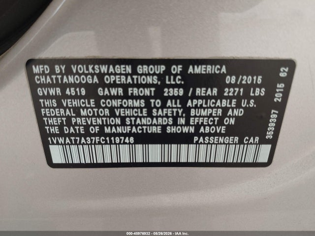 1VWAT7A37FC119746 Volkswagen Passat 1.8t Limited Edition