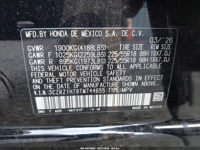 Продажа на аукционе авто 2026 Honda Hr-v 2wd Ex-l, vin: 3CZRZ1H78TM744655, номер лота: 45976933