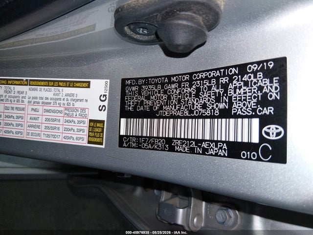 Aukcja sprzedaży 2020 Toyota Corolla Le, vin: JTDEPRAE8LJ075818, numer aukcji: 45976935
