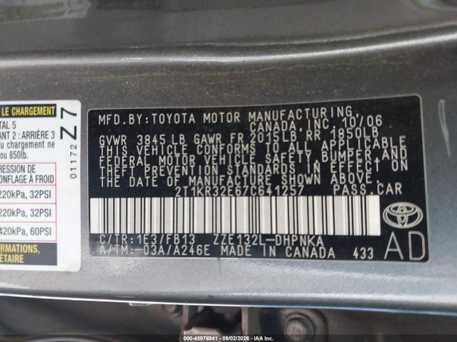 45976941 :رقم المزاد ، 2T1KR32E67C641257 vin ، 2007 Toyota Matrix Xr مزاد بيع