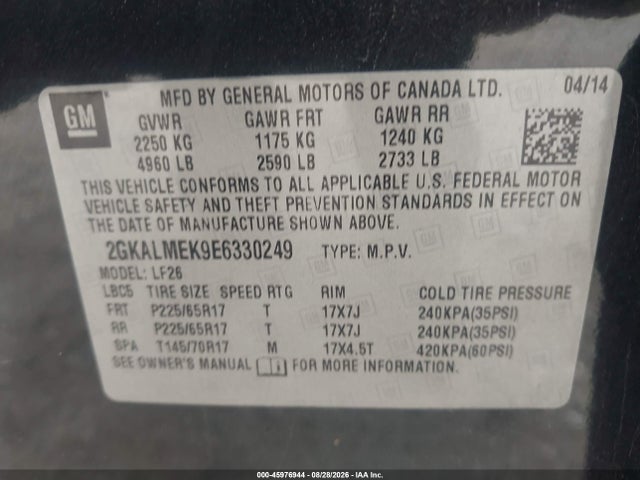 45976944 :رقم المزاد ، 2GKALMEK9E6330249 vin ، 2014 Gmc Terrain Sle-1 مزاد بيع