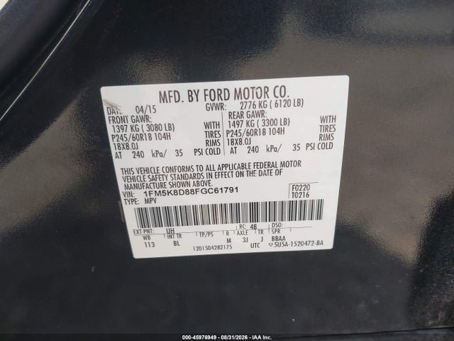 Aukcja sprzedaży 2015 Ford Explorer Xlt, vin: 1FM5K8D88FGC61791, numer aukcji: 45976949