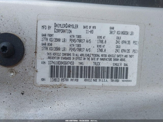 45976966 :رقم المزاد ، 1D7HU18D84S607459 vin ، 2004 Dodge Ram 1500 Slt/laramie مزاد بيع